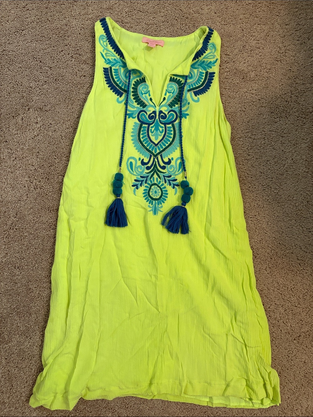 Lilly Pulitzer boho Neon Sleeveless Dress with Embroidery and Tassel